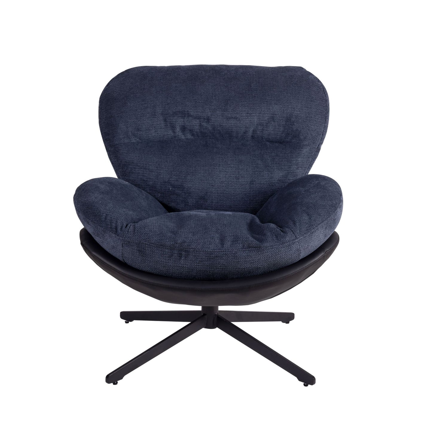 Lucvara 360° Swivel Accent Chair – Modern Dark Blue Chenille Upholstered Seat with Faux Leather & Black Metal Base, Armless Office Chair without Wheels for Living Room, Bedroom, or Reading Corner