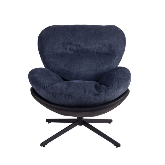 Lucvara 360° Swivel Accent Chair – Modern Dark Blue Chenille Upholstered Seat with Faux Leather & Black Metal Base, Armless Office Chair without Wheels for Living Room, Bedroom, or Reading Corner