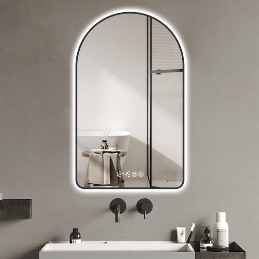 Lucvara 32x60'' Arched LED Bathroom Mirror – Anti-Fog, Dimmable, 3 Color Temperatures, Time & Temperature Display, Backlit Vanity Mirror, Black Frame
