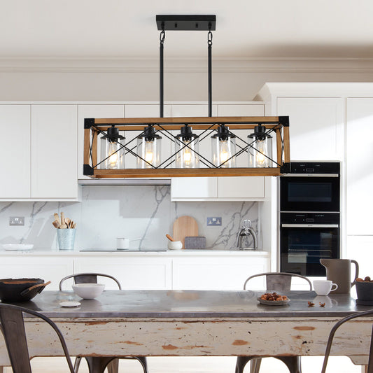 Lucvara 32-Inch Industrial Farmhouse Chandelier – Walnut Rectangle Pendant Light with 5 Shades for Dining Room, Kitchen Island & Café Décor (No Bulbs)