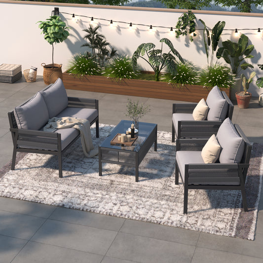 Lucvara 4-Piece Outdoor Rope Patio Set – Deep Seating Conversation Furniture with Tempered Glass Table & Cushions for Backyard, Porch, or Balcony, Grey