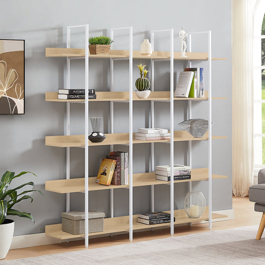Lucvara 5-Tier Bookcase – Vintage Industrial Open Bookshelf with Oak MDF Wood Shelves & White Metal Frame, Tall Storage Display Shelf for Home Office or Living Room
