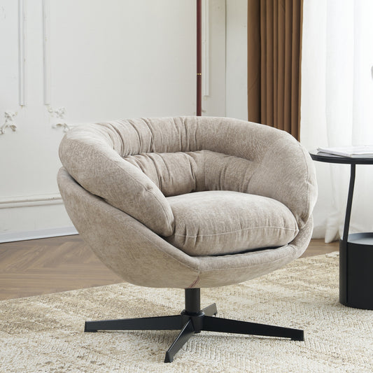 Lucvara Modern Chenille Office Chair – 360° Swivel Round Club Accent Chair with Removable Cushion, Black Metal Base, Cotton Chenille Upholstery, Brown Lounge Chair for Living Room, Bedroom, or Office