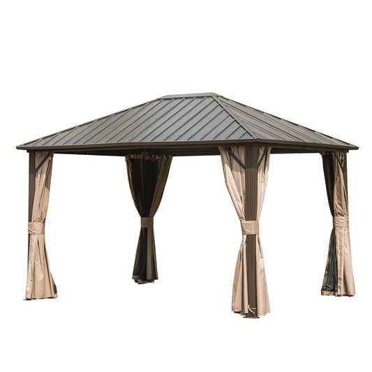Lucvara 10'x12' Outdoor Gazebo, Permanent Galvanized Steel Roof with Aluminum Frame, Metal Pavilion with Netting & Curtains for Garden, Patio, Lawn, or Parties, Dark Brown