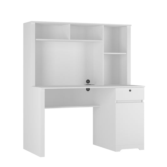 Lucvara Modern White Wooden Computer Desk with Hutch & Bookshelf, Home Office Desk with Drawers, 3 AC Outlets & 2 USB Ports