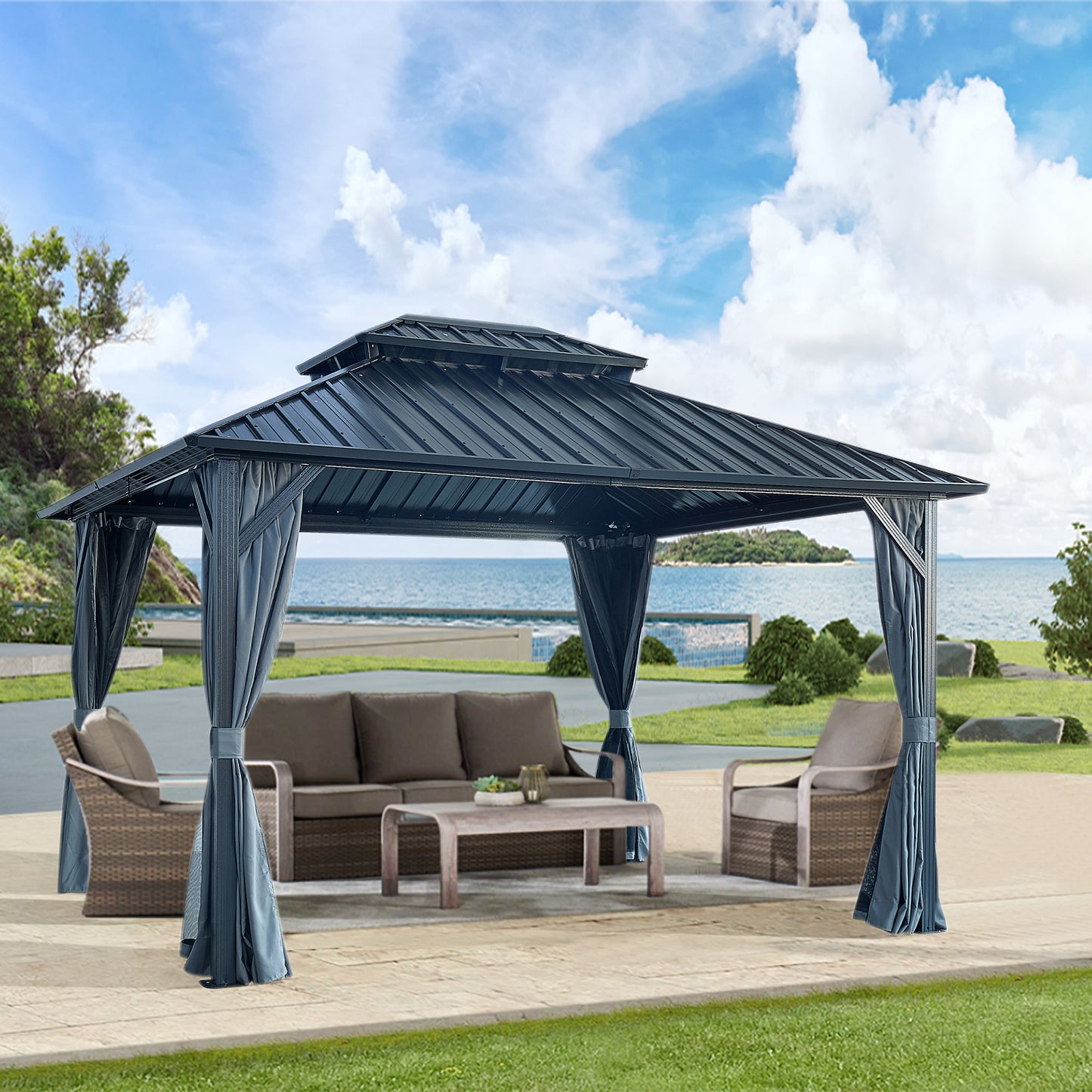 Lucvara 10' x 12' Hardtop Gazebo, Galvanized Steel Double Roof with Sturdy Aluminum Frame, Curtains & Netting for Patio, Lawn, or Garden