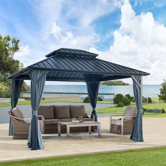 Lucvara 10' x 12' Hardtop Gazebo, Galvanized Steel Double Roof with Sturdy Aluminum Frame, Curtains & Netting for Patio, Lawn, or Garden