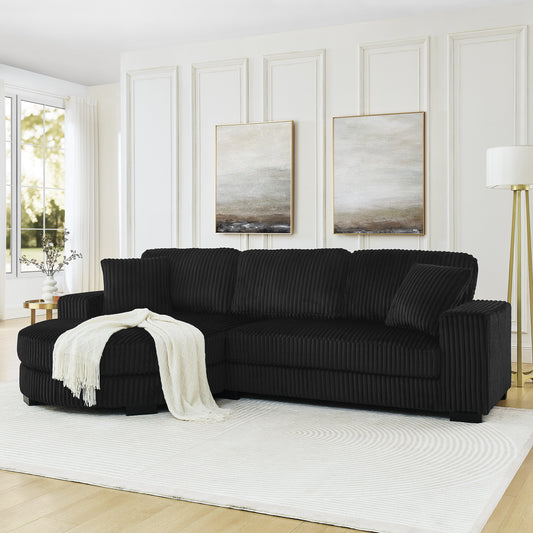 Lucvara Corduroy Tufted Upholstered Sleeper Sectional Sofa, L-Shaped Modular Convertible Sofa Couch with Reversible Arc-Shaped Ottoman, Black