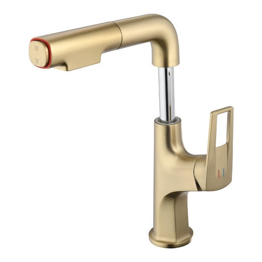 Lucvara Brushed Gold Pull-Down Bathroom Sink Faucet, Single Hole Vessel Faucet with Lift Spout and Dual Spray Modes