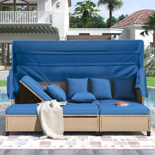 Lucvara 4-Piece Outdoor Patio Sofa Set – UV-Proof Resin Wicker Sectional with Retractable Canopy, Cushions & Adjustable Lift Table, Blue