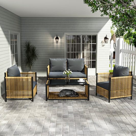 Lucvara 4-Piece Brown PE Wicker Patio Furniture Set with Grey Cushions, Outdoor Rattan Sofa Conversation Set