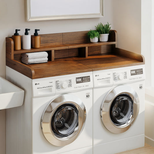 Lucvara Washer Dryer Countertop Shelf – Non-Slip Laundry Wood Topper with Edge, Double-Layer Organizer, 54"x27.5", Storage for Washer & Dryer, Laundry Hamper, Walnut