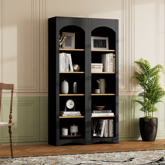 Lucvara Freestanding Bookcases, Set of 2 – 5-Tier Farmhouse Two-Tone Storage Cabinets with Adjustable Shelves, 72″ Modern Pantry Cabinet for Living Room, Office, Black