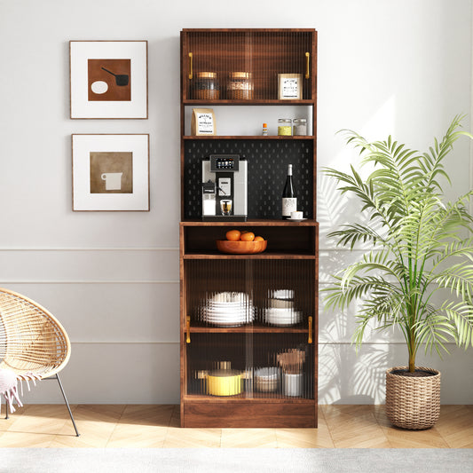 Lucvara Kitchen Pantry Sideboard – Freestanding Storage Cabinet with 2 Sliding Striped Glass Doors for Bottles, Wine, Coffee Machine, Microwave Oven