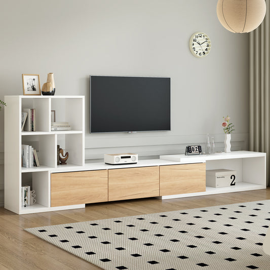 Lucvara 74.8"-126" Extendable TV Stand with 3-Tier Bookshelves, Adjustable Media Console for TVs up to 110", Storage Cabinets and Sliding Tabletop, White, Living Room Entertainment Center
