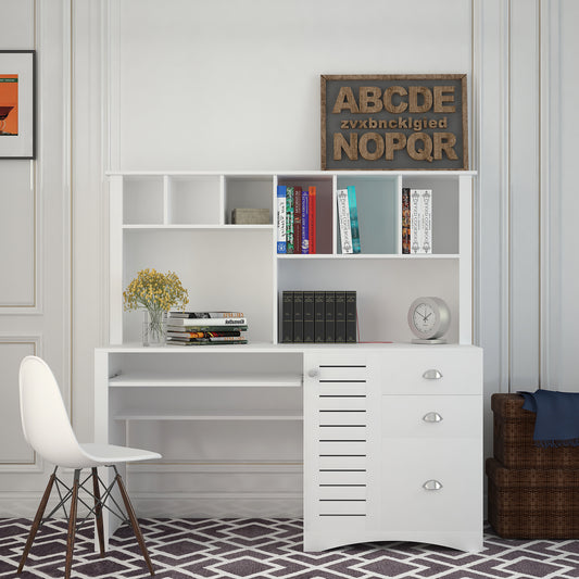 Lucvara Home Office Computer Desk with Hutch, Antiqued White Finish, Writing Desk with Storage for Study or Office