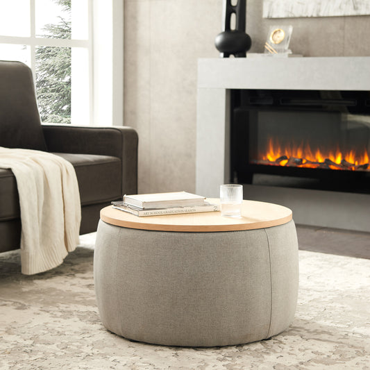 Lucvara Round Storage Ottoman, 2-in-1 Ottoman Coffee Table with Hidden Storage, End Table and Footrest, Grey (25.5" x 25.5" x 14.5")