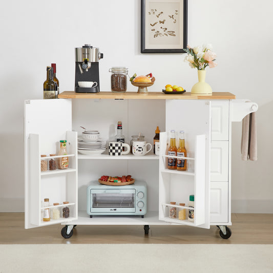Lucvara Kitchen Island with Drop-Leaf Countertop – Rolling Kitchen Cart with Storage Cabinet, Tower Rack, Barn Door Design, On Wheels, White