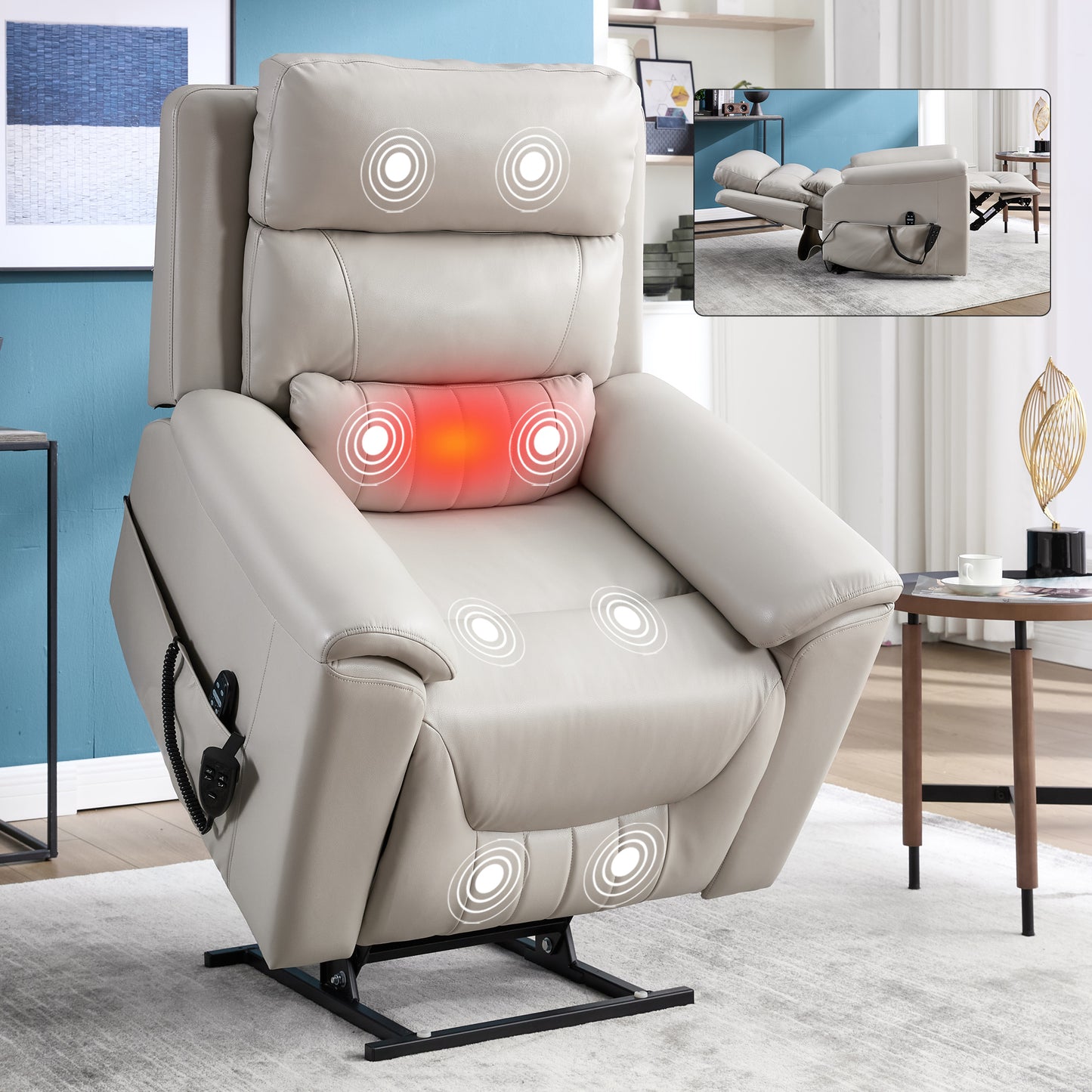 Lucvara Dual Motor Power Lift Recliner Chair – Infinite Position Heavy-Duty LeatherAir Recliner with 8-Point Vibration Massage, Lumbar Heating, and 350 lbs Capacity, Grey