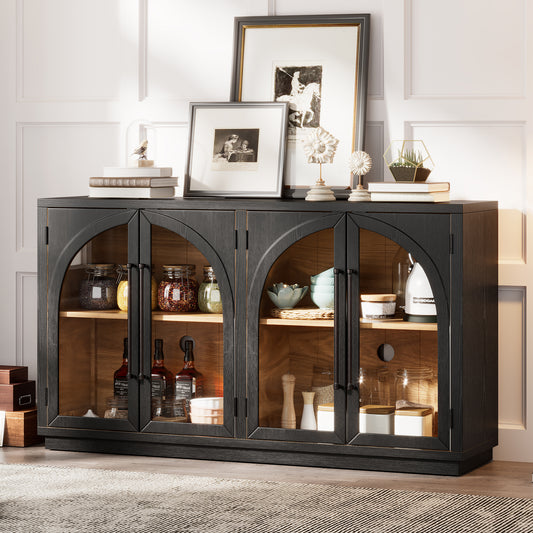 TREXM 4-Door Large Storage Sideboard Buffet Cabinet with Glass Doors, Arched Cabinet with Adjustable Shelves for Kitchen, Dining Room and Living Room (Black)