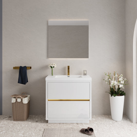 Lucvara 36" Freestanding Bathroom Vanity with Sink – Glossy White Vanity Cabinet with Stone Resin Countertop, Soft Close Drawers, Bathroom Storage