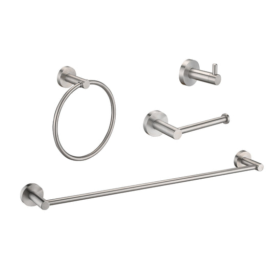 Lucvara Brushed Nickel 4-Piece Bathroom Hardware Set – 22.7" Towel Bar, Toilet Paper Holder, Towel Ring & Hook, Stainless Steel