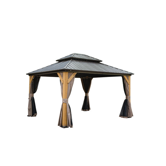 Lucvara 12'x14' Hardtop Gazebo, Outdoor Cedar Wood Frame Canopy with Galvanized Steel Double Roof, Permanent Metal Pavilion with Curtains & Netting for Patio, Backyard, or Lawn, Brown
