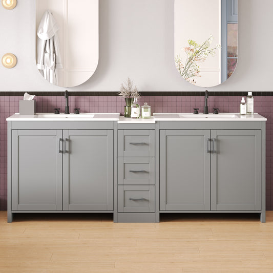 Lucvara 84" Double-Sink Bathroom Vanity – 2 Ceramic Sinks with Quartz Countertop, Adjustable Shelves, 3 Drawers, Large Storage, Silver Handles, Soft Close Hinges, Gray