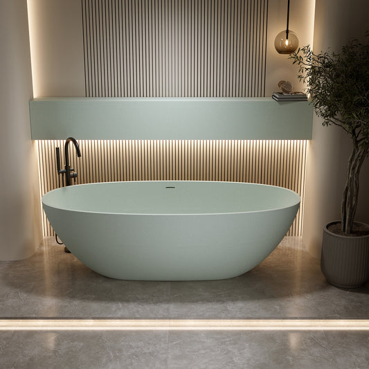 55' Freestanding Bathtub Resin Stone Soaking Bathtub Solid Surface Modern Tubs with Overflow and Pop-up Drain