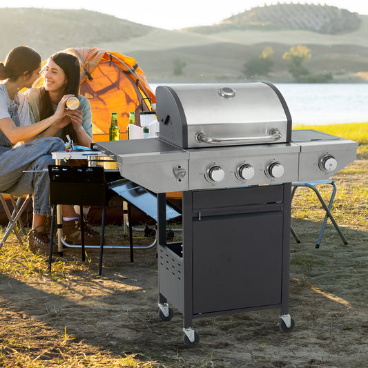 Lucvara Propane Gas Grill, 3-Burner Stainless Steel Barbecue Grill with Side Burner – 37,000 BTU Outdoor Cooking for Patio & Garden, Black/Silver