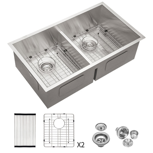 Lucvara Brushed Nickel Double Bowl Undermount Kitchen Sink, 16-Gauge Stainless Steel with Two 10" Deep Basins