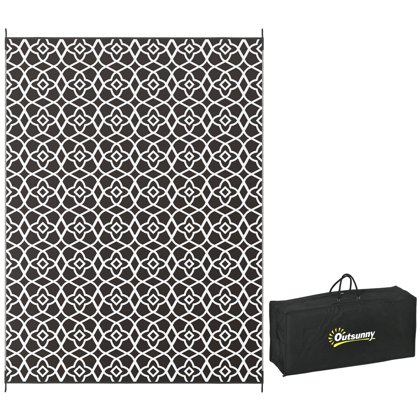 Lucvara 9' x 12' Reversible Outdoor Rug – Waterproof Plastic Straw Floor Mat for Backyard, Deck, Picnic, Beach, Portable RV Camping Carpet with Carry Bag, Black & White Clover