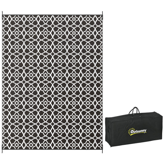 Lucvara 9' x 12' Reversible Outdoor Rug – Waterproof Plastic Straw Floor Mat for Backyard, Deck, Picnic, Beach, Portable RV Camping Carpet with Carry Bag, Black & White Clover