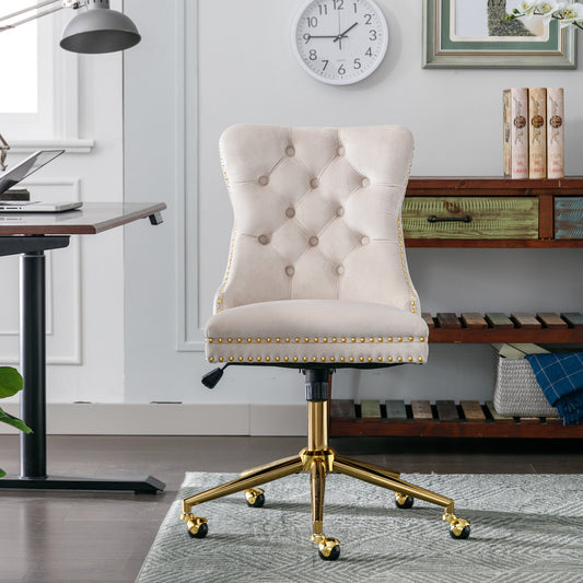 Lucvara Velvet Tufted Office Chair with Golden Metal Base, Adjustable Swivel Home Desk Chair, Upholstered Button Design, Beige