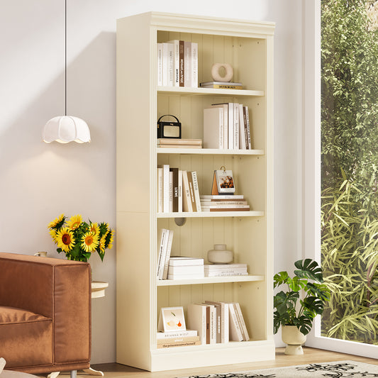 Lucvara 83.4" Tall Wood Bookcase with LED Light Strip, 5-Tier Adjustable Shelves, Freestanding Storage Organizer for Books, CDs, Home Decor for Living Room or Office, Beige and Yellow