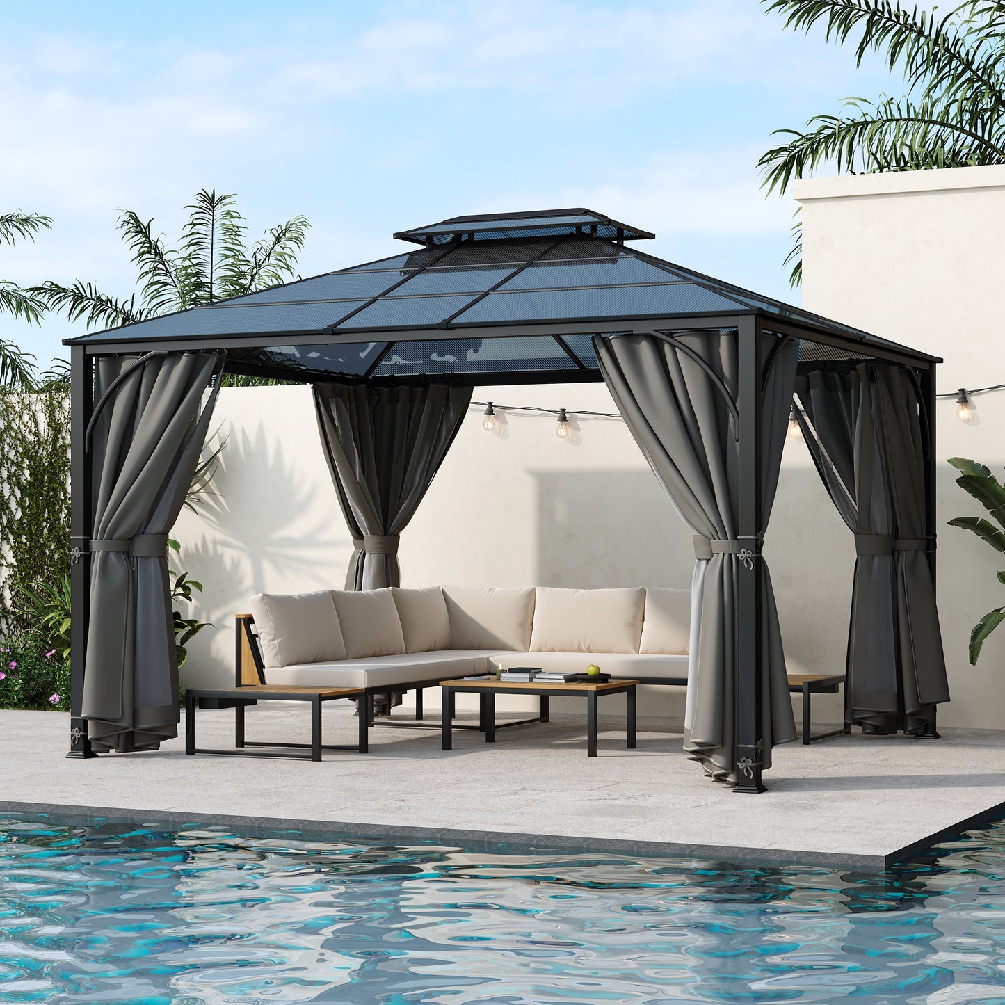 Lucvara 10′×12′ Patio Hardtop Gazebo – Outdoor Heavy-Duty Double Roof Pavilion with Aluminum Frame, Mosquito Netting & Privacy Curtains, Grey