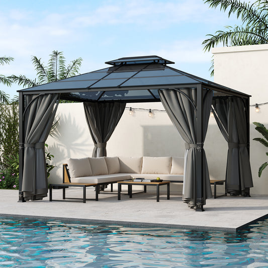 Lucvara 10′×12′ Patio Hardtop Gazebo – Outdoor Heavy-Duty Double Roof Pavilion with Aluminum Frame, Mosquito Netting & Privacy Curtains, Grey