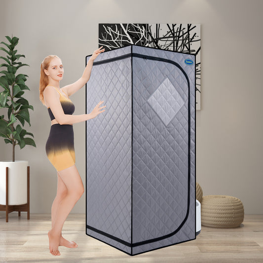 Lucvara Full-Size Portable Grey Steam Sauna Tent – Personal Home Spa with Steam Generator, Remote Control, Foldable Chair, Timer, PVC Pipe Connector, Easy Install, Fast Heating, FCC Certified