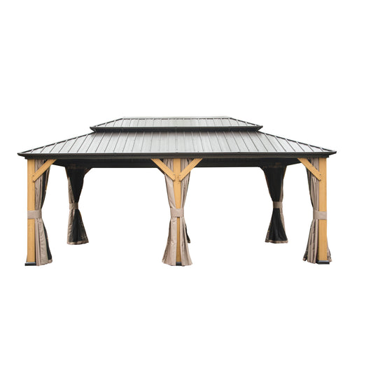 Lucvara 12′×20′ Outdoor Hardtop Gazebo – Cedar Wood Frame Pavilion with Galvanized Steel Double Roof, Curtains & Netting, Brown