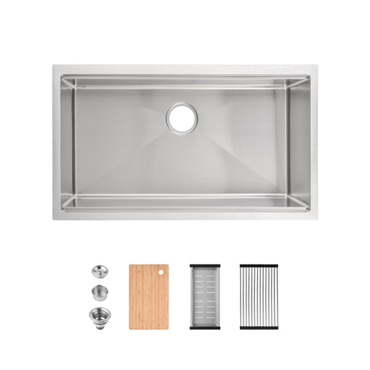 Lucvara 33" x 19" Stainless Steel Undermount Kitchen Sink – Single Bowl Handmade Sink in Dark Gray with Cutting Board and Colander