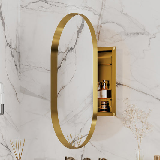 Lucvara 20x34'' Oval Recessed Bathroom Medicine Cabinet – Metal Framed Wall Cabinet with Mirror, Adjustable Shelves, Matte Gold