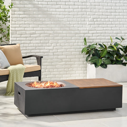 Lucvara 50,000 BTU Outdoor Concrete Rectangular Fire Pit Table with Storage, Lightweight Dark Gray & Natural Brown Propane Gas Firepit (Tank Cover Not Included)