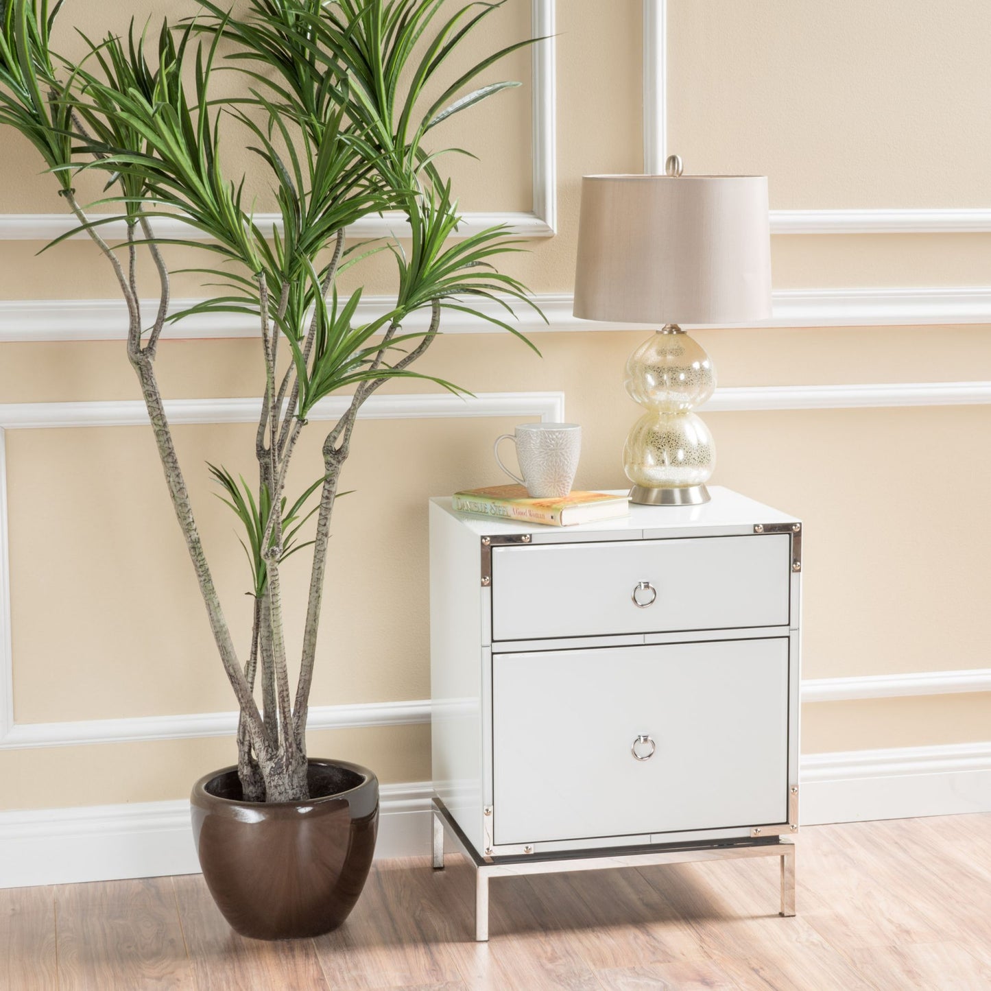 Lucvara Modern White End Table – Elegant 2-Drawer Nightstand with Drawer & Cabinet, Silver Mirrored Edge, Round Ring Handles & Mirrored Legs for Bedroom or Living Room