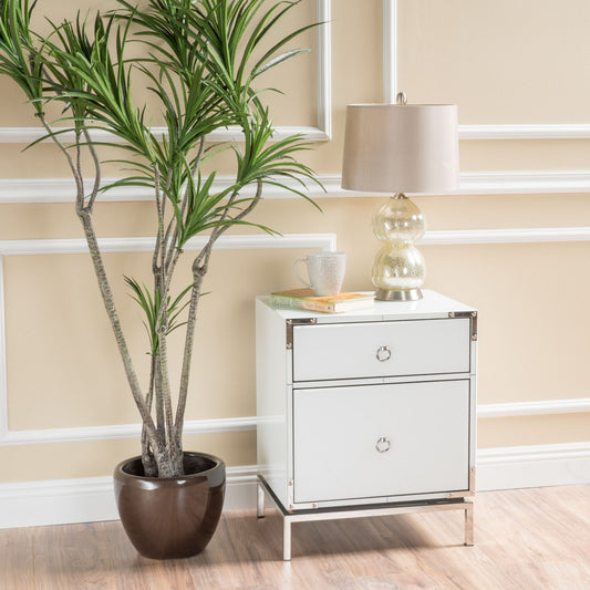 Lucvara Modern White End Table – Elegant 2-Drawer Nightstand with Drawer & Cabinet, Silver Mirrored Edge, Round Ring Handles & Mirrored Legs for Bedroom or Living Room