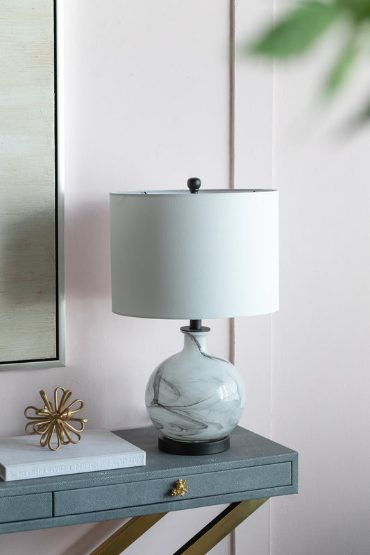 Lucvara White and Grey Glass Table Lamp, 14" x 14" x 23", Modern Home Decor Lighting for Living Room, Bedroom, or Office