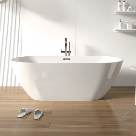 Lucvara 60" Freestanding Acrylic Soaking Bathtub, Glossy White with Chrome Overflow & Drain, Self-Leveling Legs, Flexible Hose, Easy Installation, Modern Bathroom Tub