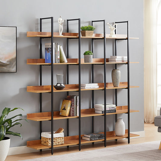 Lucvara 5-Tier Bookcase – Vintage Industrial Open Bookshelf with Brown MDF Wood Shelves & Black Metal Frame, Tall Storage Display Shelf for Home Office or Living Room