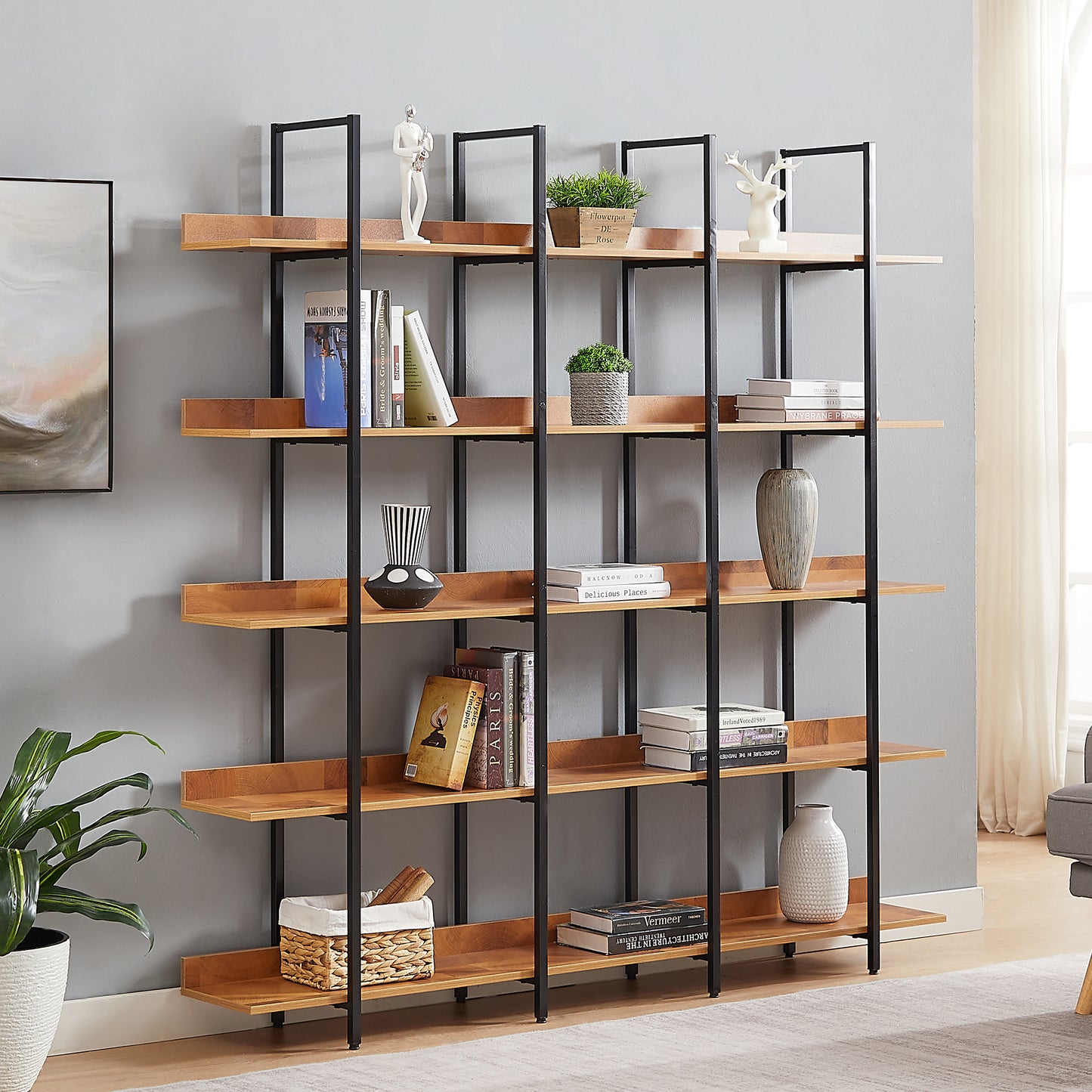 Lucvara 5-Tier Open Bookcase, Vintage Industrial Home Office Bookshelf with MDF Board and Black Metal Frame, Brown