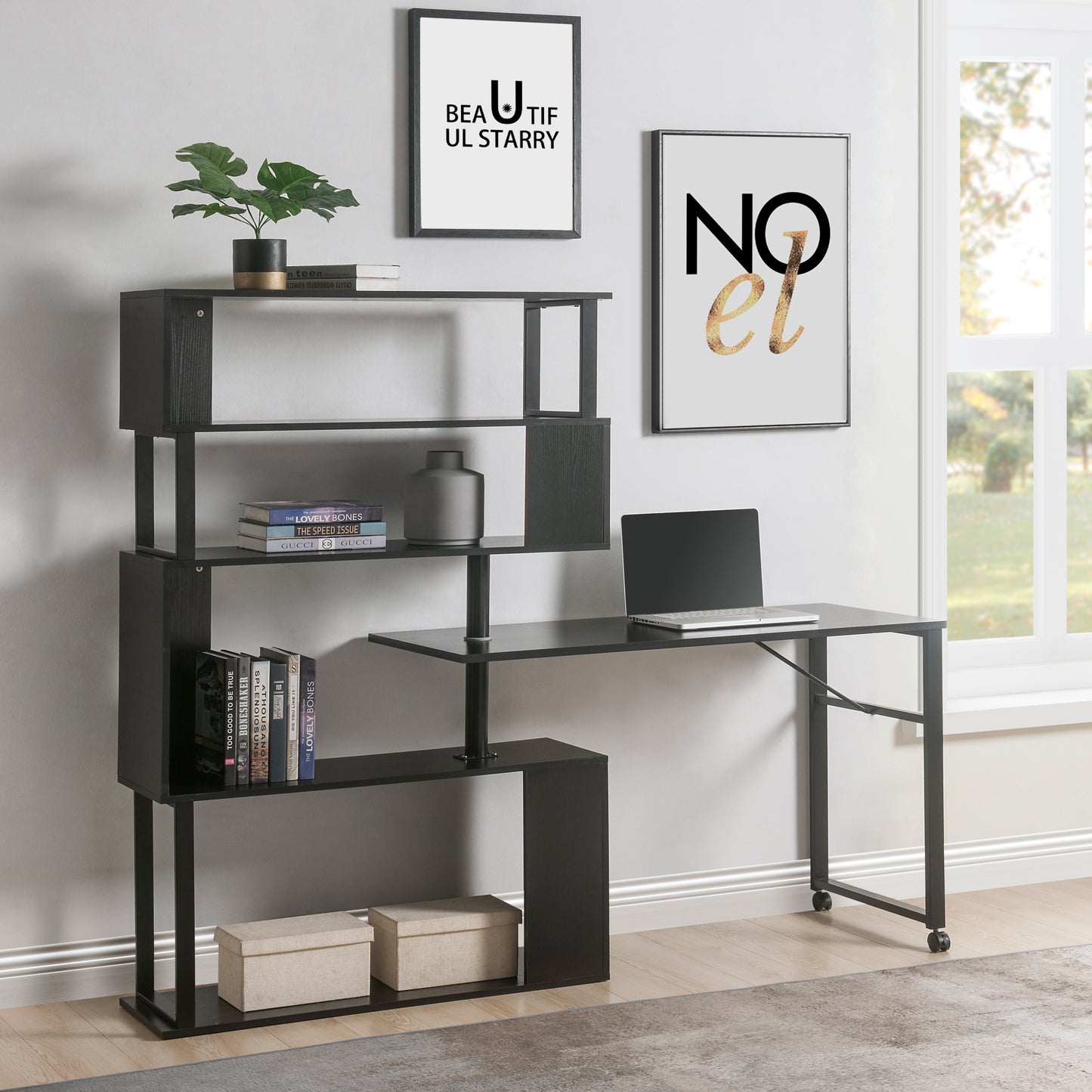 Lucvara L-Shaped Home Office Computer Desk with 5-Tier Bookshelf, Rotating Corner Table, Lockable Casters, Four Installation Methods, Black