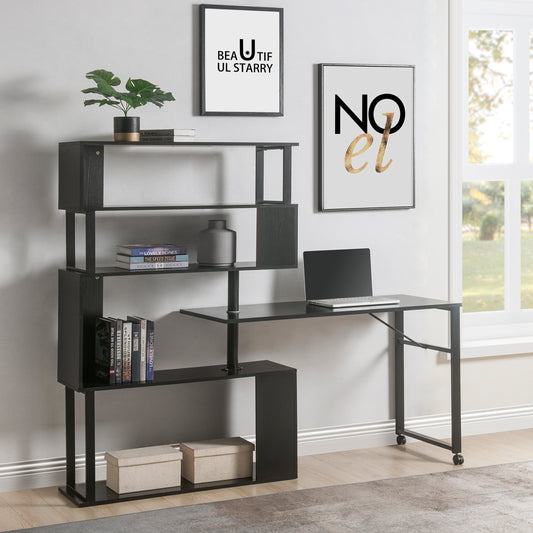 Lucvara L-Shaped Home Office Computer Desk with 5-Tier Bookshelf, Rotating Corner Table, Lockable Casters, Four Installation Methods, Black